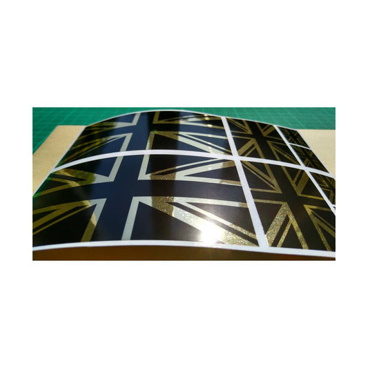 8 x Union Jack British Flag Stickers polished mirror Gold and gloss Black.