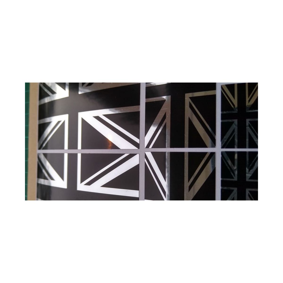 8 x Union Jack British Flag Stickers polished mirror Silver and gloss Black .