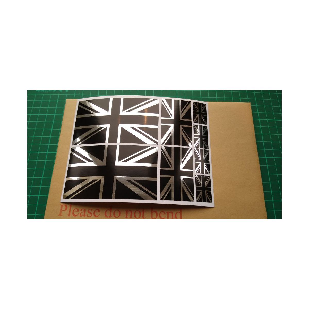 8 x Union Jack British Flag Stickers polished mirror Silver and gloss Black .