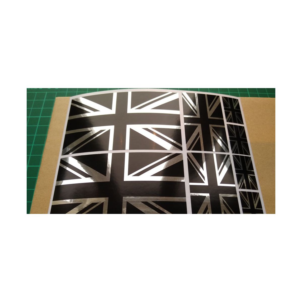 8 x Union Jack British Flag Stickers polished mirror Silver and gloss Black .