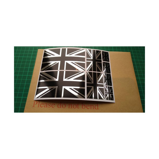 8 x Union Jack British Flag Stickers polished mirror Silver and gloss Black .
