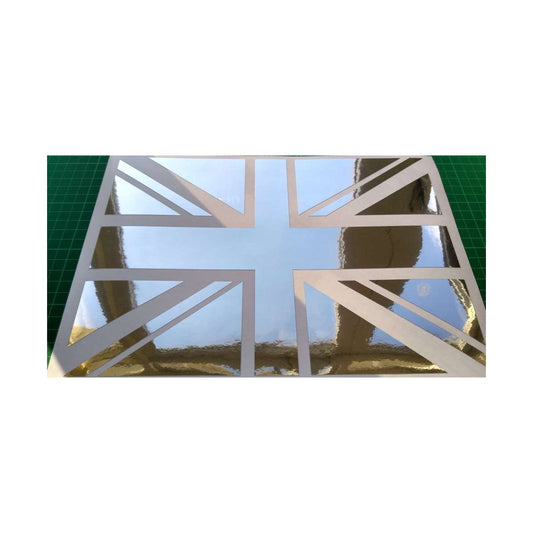 2 x Union Jack British Flag Cut Out Mirror Silver Chrome Self Adhesive Vinyl Decal Stickers. 300mm Long x 145mm High