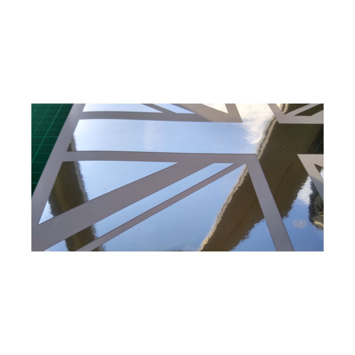 2 x Union Jack British Flag Cut Out Mirror Silver Chrome Self Adhesive Vinyl Decal Stickers. 300mm Long x 145mm High