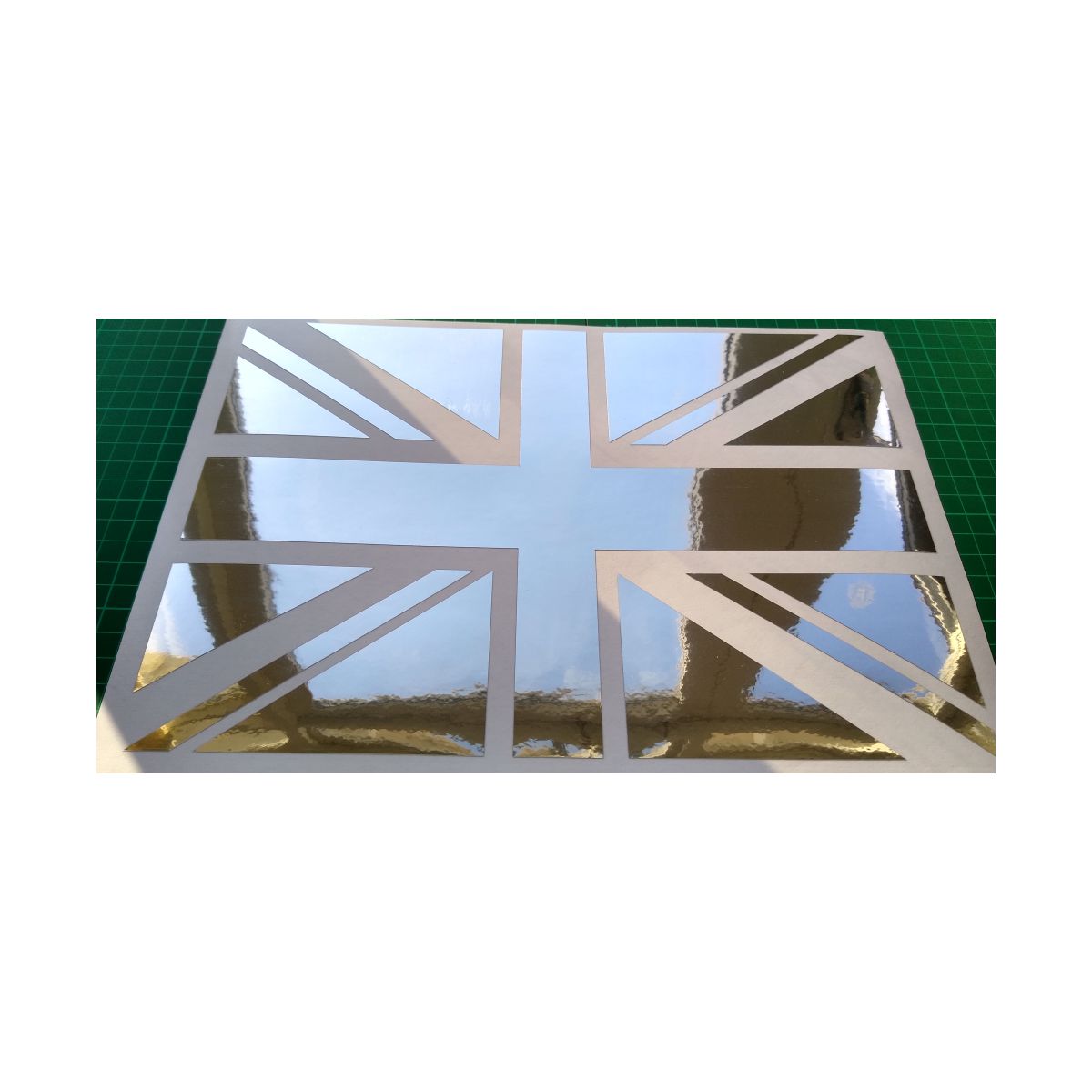 2 x Union Jack British Flag Cut Out Mirror Silver Chrome Self Adhesive Vinyl Decal Stickers. 300mm Long x 145mm High