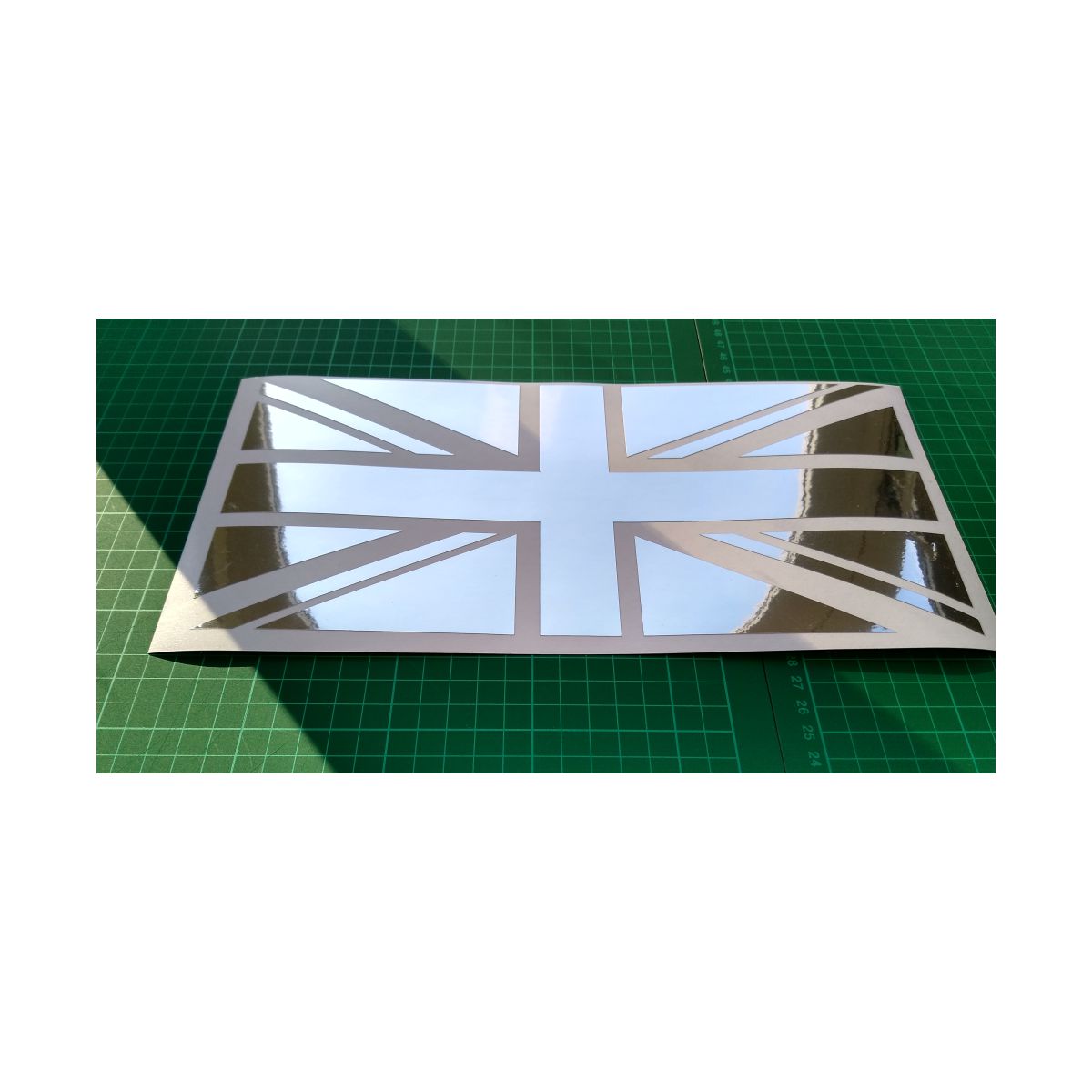 2 x Union Jack British Flag Cut Out Mirror Silver Chrome Self Adhesive Vinyl Decal Stickers. 300mm Long x 145mm High