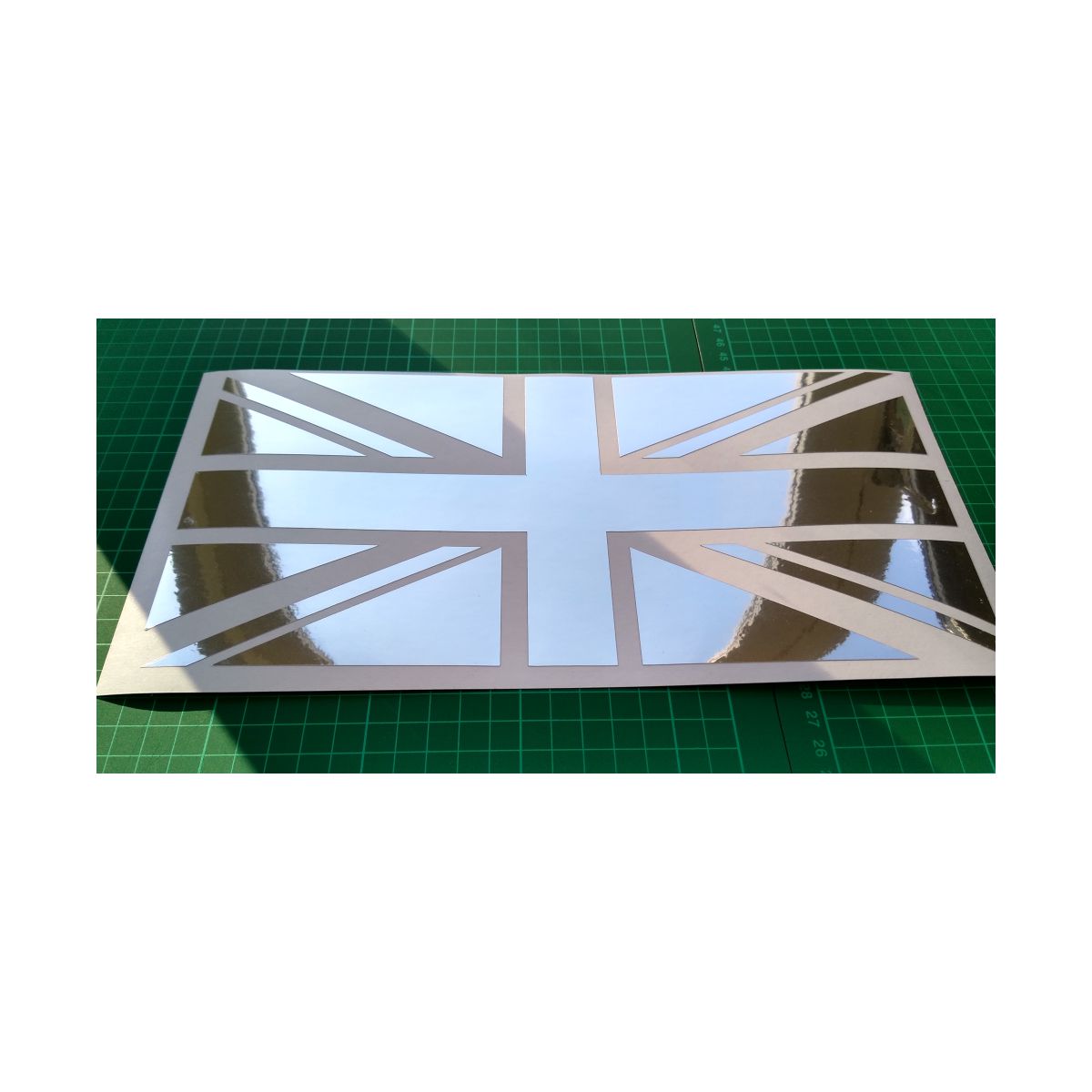 2 x Union Jack British Flag Cut Out Mirror Silver Chrome Self Adhesive Vinyl Decal Stickers. 300mm Long x 145mm High