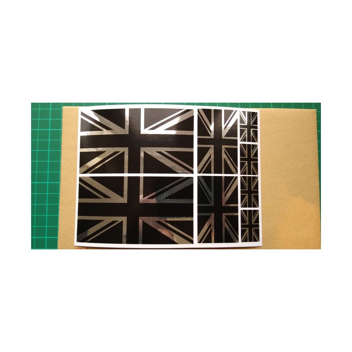 8 x Union Jack British Flag Stickers polished mirror Silver and gloss Black .