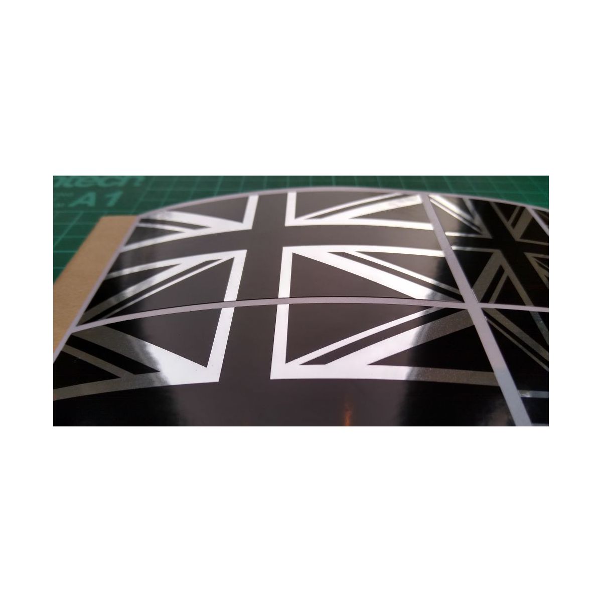 8 x Union Jack British Flag Stickers polished mirror Silver and gloss Black .