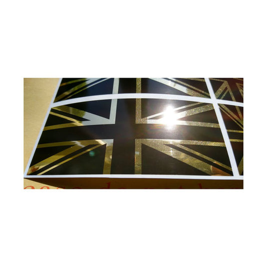 8 x Union Jack British Flag Stickers polished mirror Gold and gloss Black.
