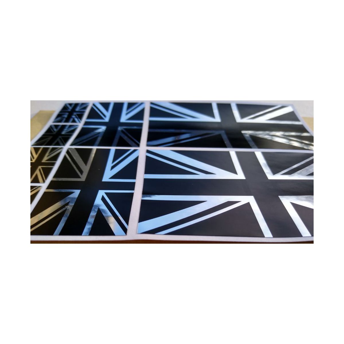 8 x Union Jack British Flag Stickers polished mirror Silver and gloss Black .