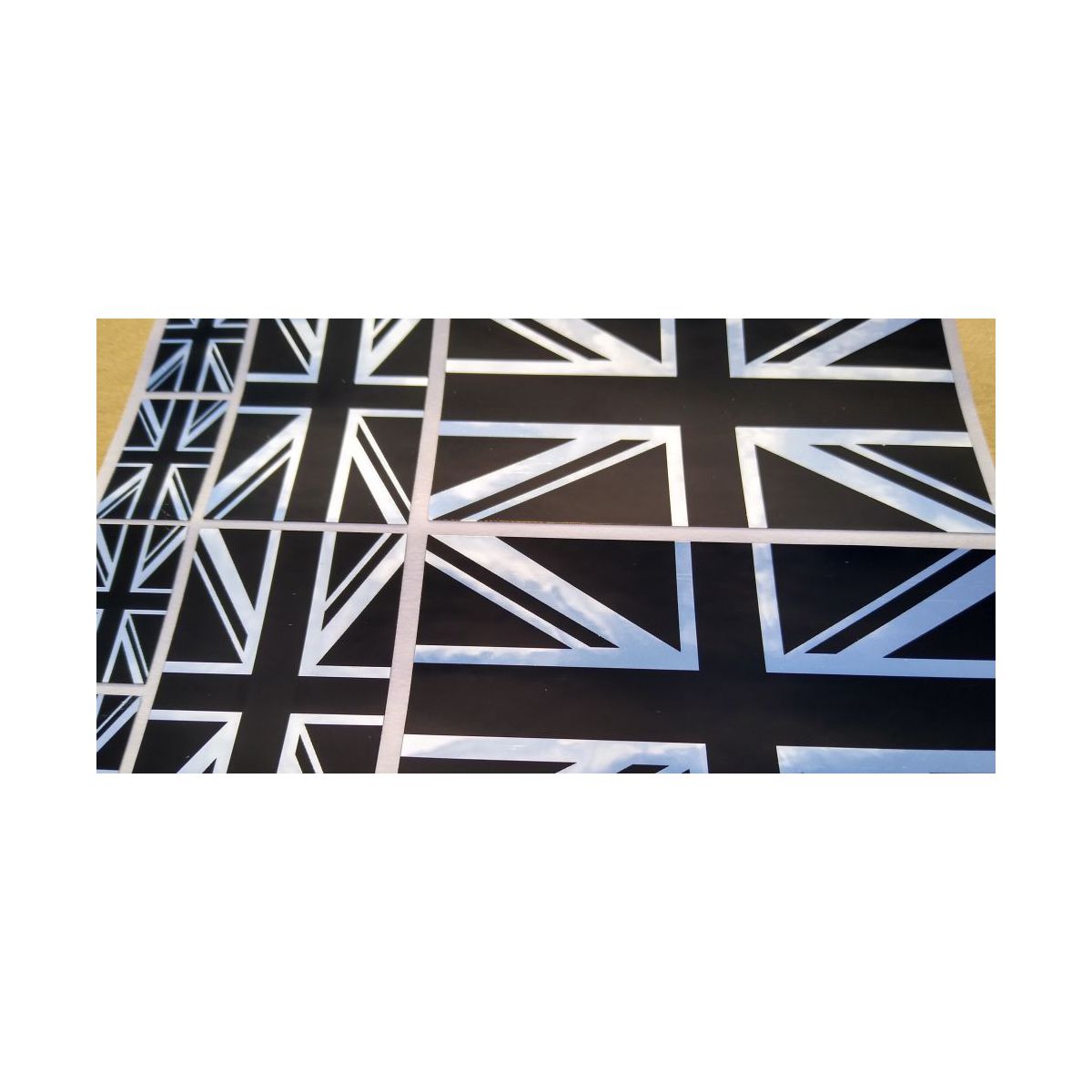 8 x Union Jack British Flag Stickers polished mirror Silver and gloss Black .