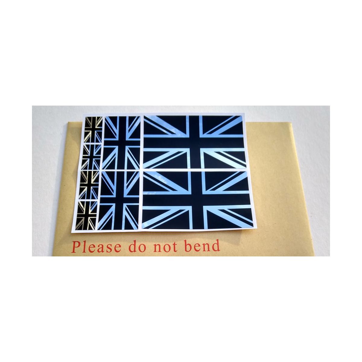 8 x Union Jack British Flag Stickers polished mirror Silver and gloss Black .