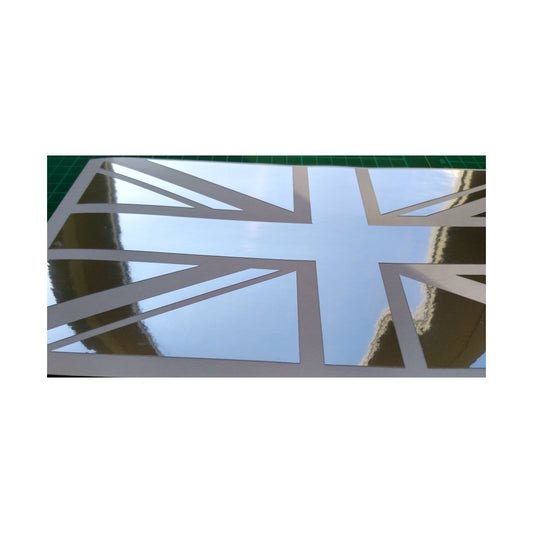 2 x Union Jack British Flag Cut Out Mirror Silver Chrome Self Adhesive Vinyl Decal Stickers. 300mm Long  x 145mm High