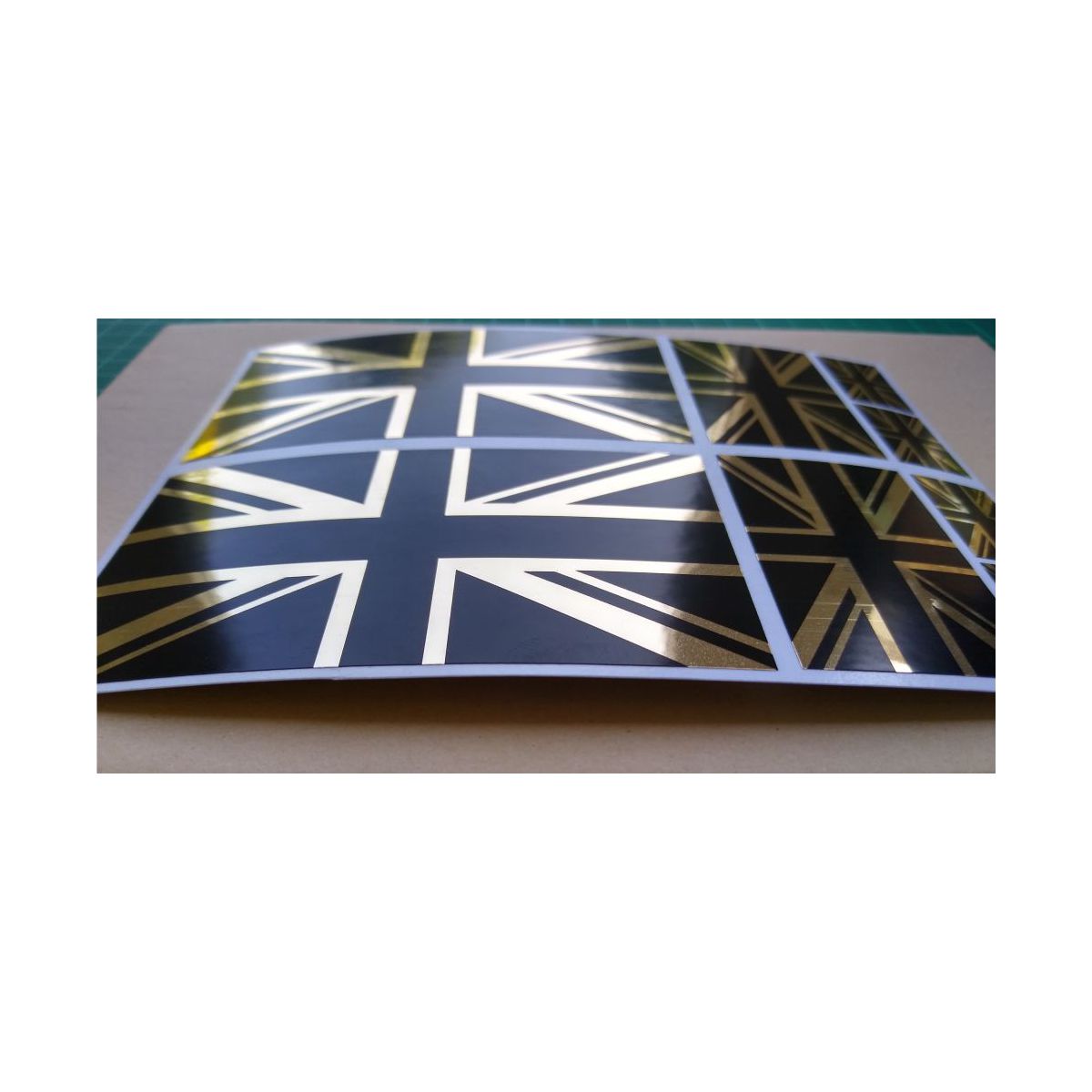 8 x Union Jack  British Flag Stickers polished mirror Gold and gloss Black.