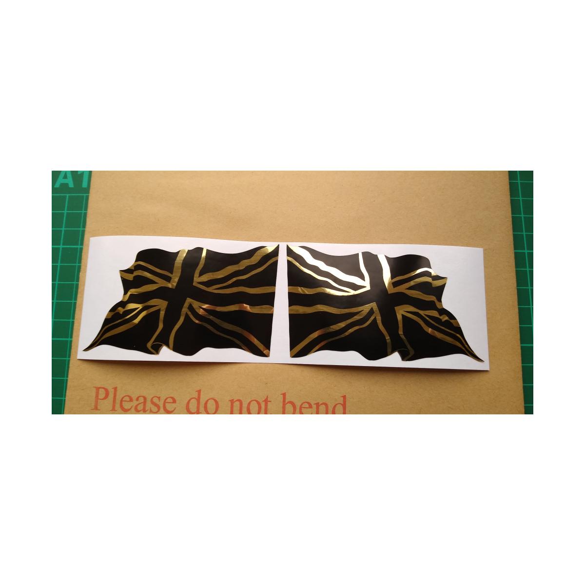 2 x Wavy Union Jack British Flag Stickers Polished Gold and Black. 100mm x 60mm.