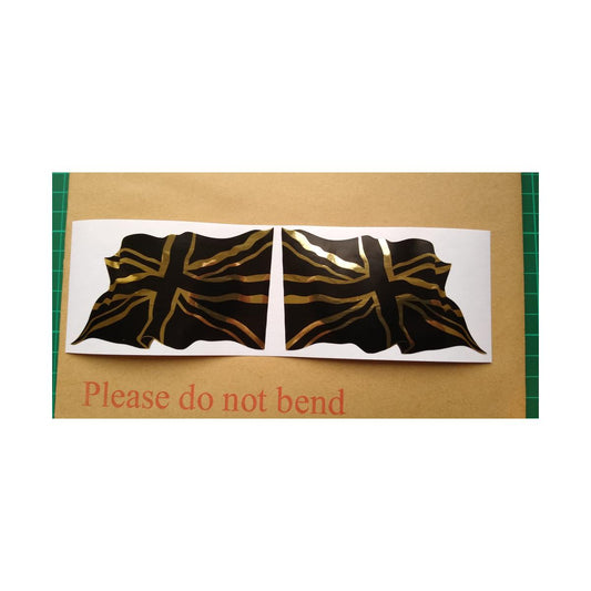 2 x Wavy Union Jack British Flag Stickers Polished Gold and Black. 100mm x 60mm.