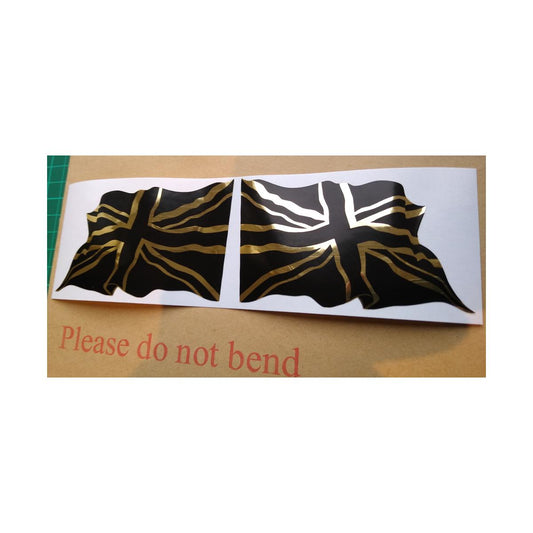 2 x Wavy Union Jack British Flag Stickers Polished Gold and Black. 100mm x 60mm.